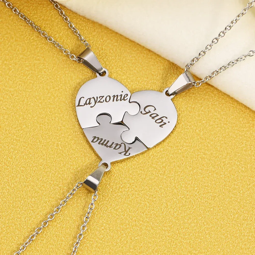 Metal Color: Plating Gun, Length: 55cm, Main Stone Color: Silver - Personalized Charm Stainless Steel Pendant Name Jigsaw Heart Necklace for Women Jewelry for Men Family Name Chains Necklace