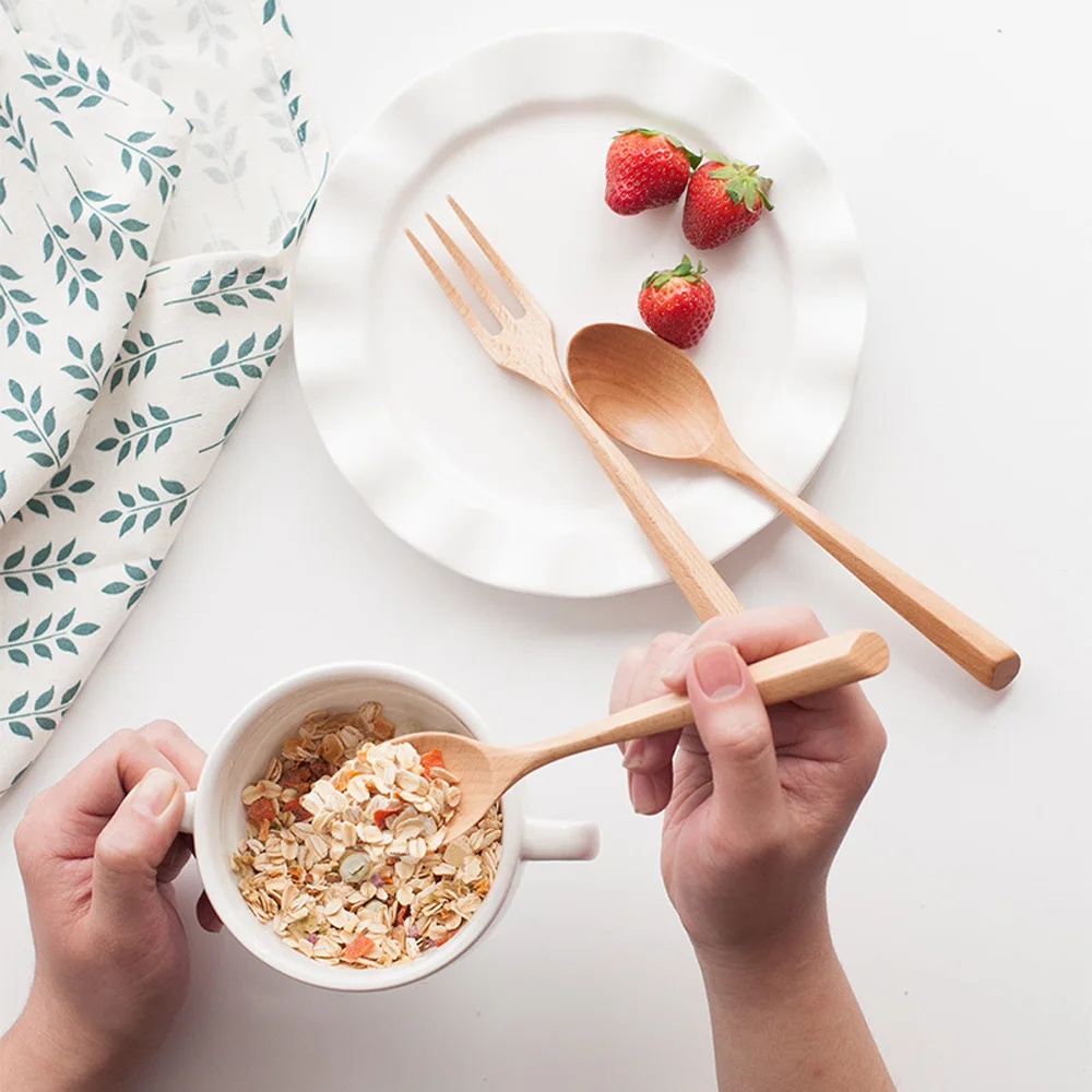 Color: black - Creative Design Thick Handle Wood Spoon Fork Portable Tableware Wooden Cutlery Sets Travel Dinnerware Environmental Kitchen Tool