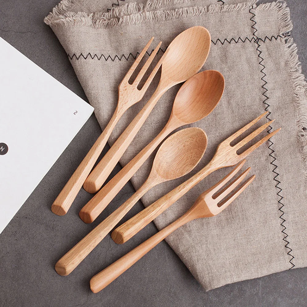 Color: black - Creative Design Thick Handle Wood Spoon Fork Portable Tableware Wooden Cutlery Sets Travel Dinnerware Environmental Kitchen Tool