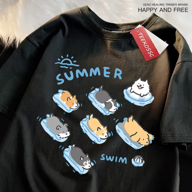 Color: Dark Grey, Size: S - Fun Cat And Dog Swimming Japanese Style T-Shirt Female Casual Loose T-Shirts Summer Cotton Tops Fashion Breathable Tee Clothing