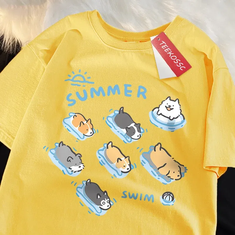Color: Dark Grey, Size: S - Fun Cat And Dog Swimming Japanese Style T-Shirt Female Casual Loose T-Shirts Summer Cotton Tops Fashion Breathable Tee Clothing