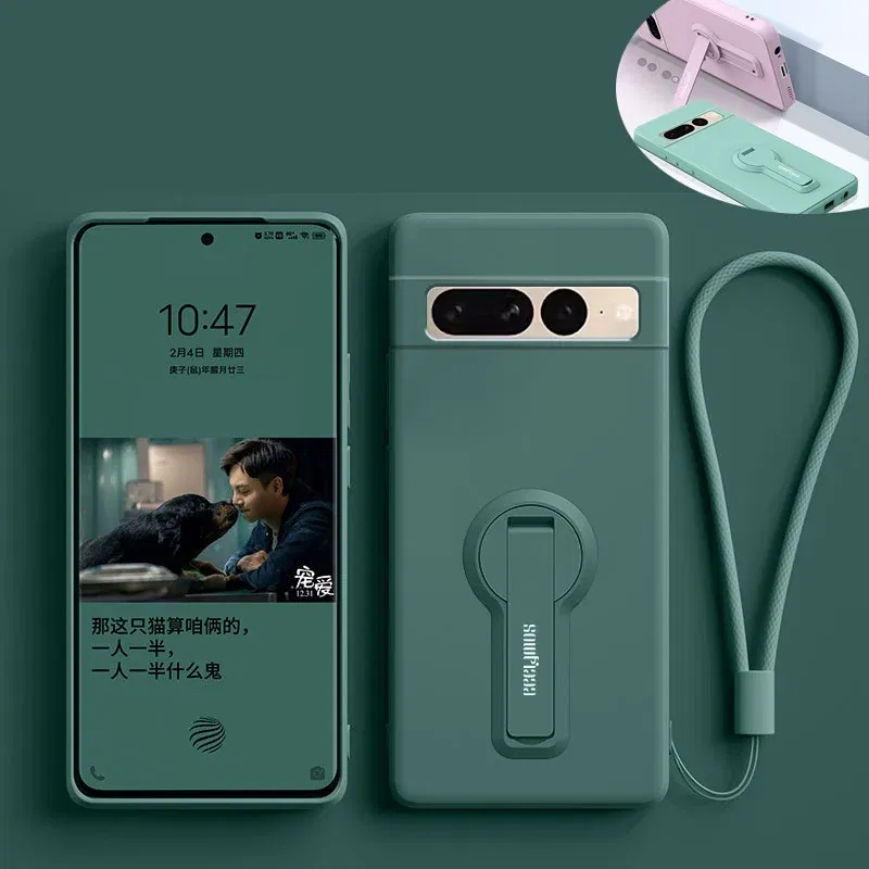 Color: black, Material: Microfiber - Phone Case For Google Pixel 7 8 6 5 9 Pro XL Pixel 7A 6A 5A 8A 9A Soft Cover Silicone Case with Holder Stand Bracket Lanyard