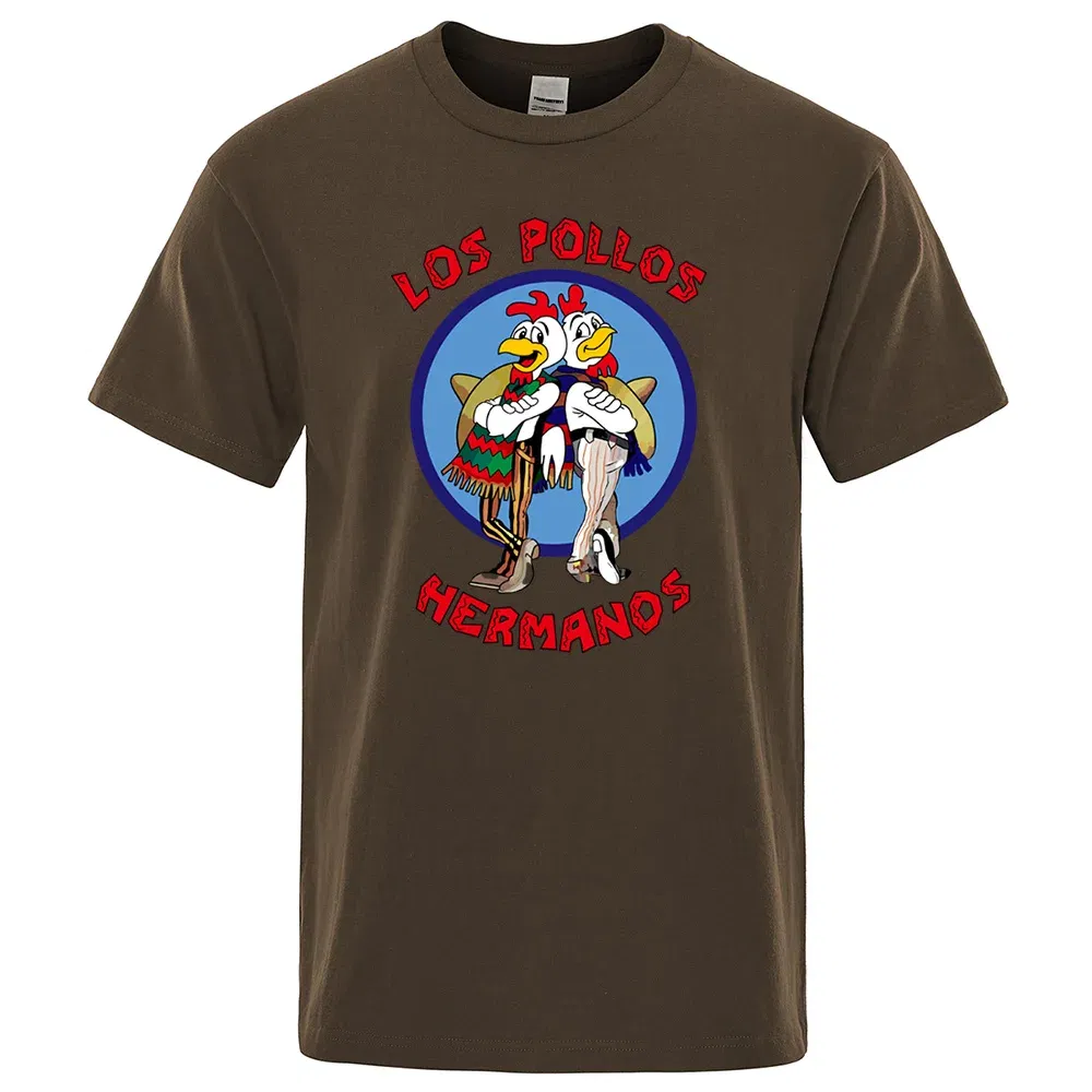 Color: Brown, Size: L - LOS POLLOS Hermanos Funny Printed T-Shirt Men Fashion Casual Short Sleeves Summer Cotton Breathable Tshirt Chicken Brothers Tee