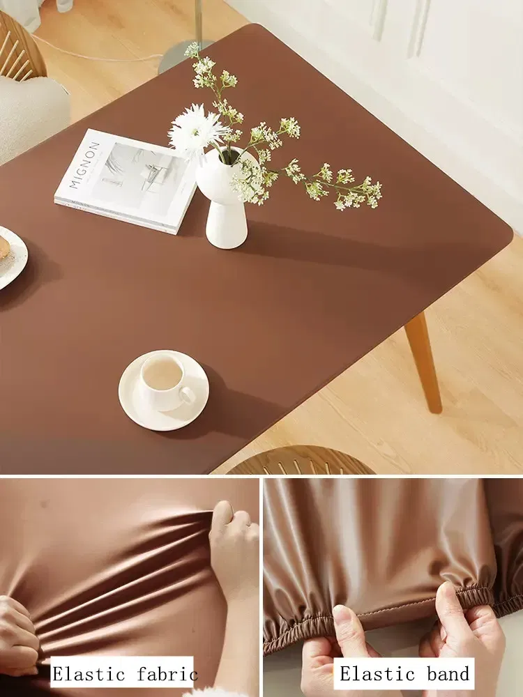 Color: WHITE, Specification: 90*150cm - Solid color PU leather table cover fixable elastic tablecloth waterproof round square Table cloth custom table protector