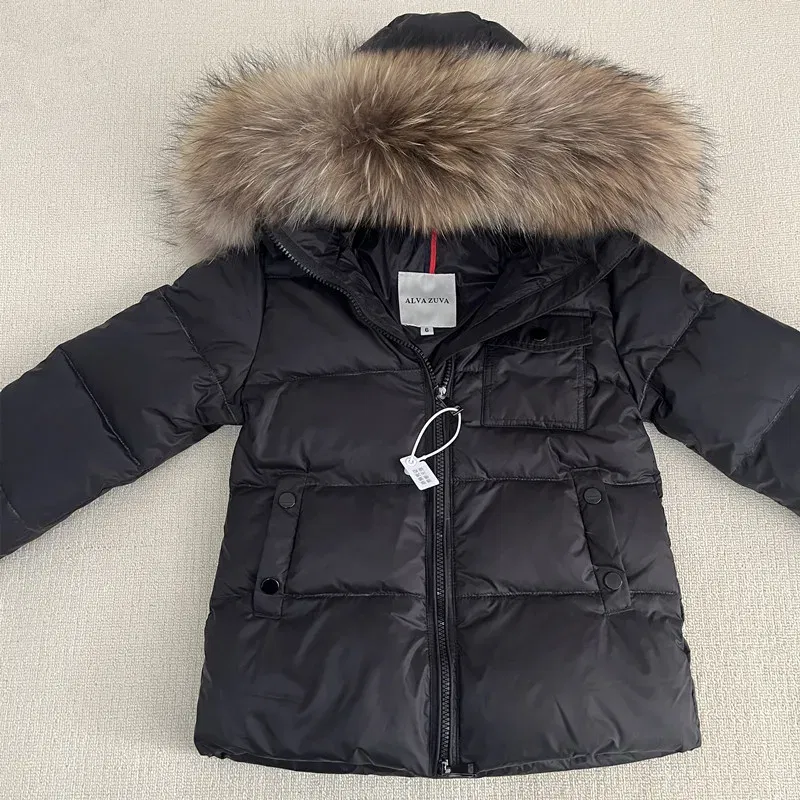 Color: Beige, Kid Size: 2T - Kids Winter Down Jacket Shiny Real Raccoon Fur Collar Toddler Boys Hooded Coat Baby Girls Warm Snowsuit Children's Parkas