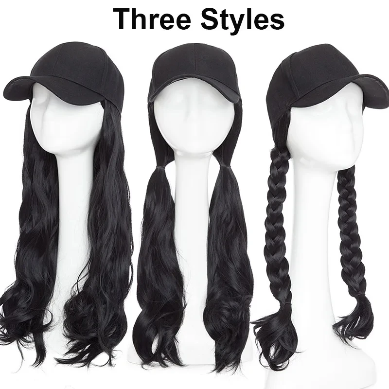 Color: #33 - 20Inch Synthetic Long Curly Hat Wig Baseball Cap Black Brown Hairpiece Adjustable Hat Wigs for Women