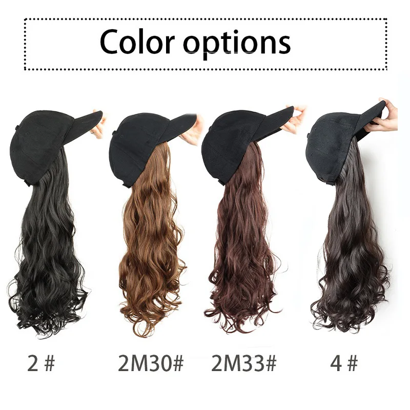 Color: #33 - 20Inch Synthetic Long Curly Hat Wig Baseball Cap Black Brown Hairpiece Adjustable Hat Wigs for Women