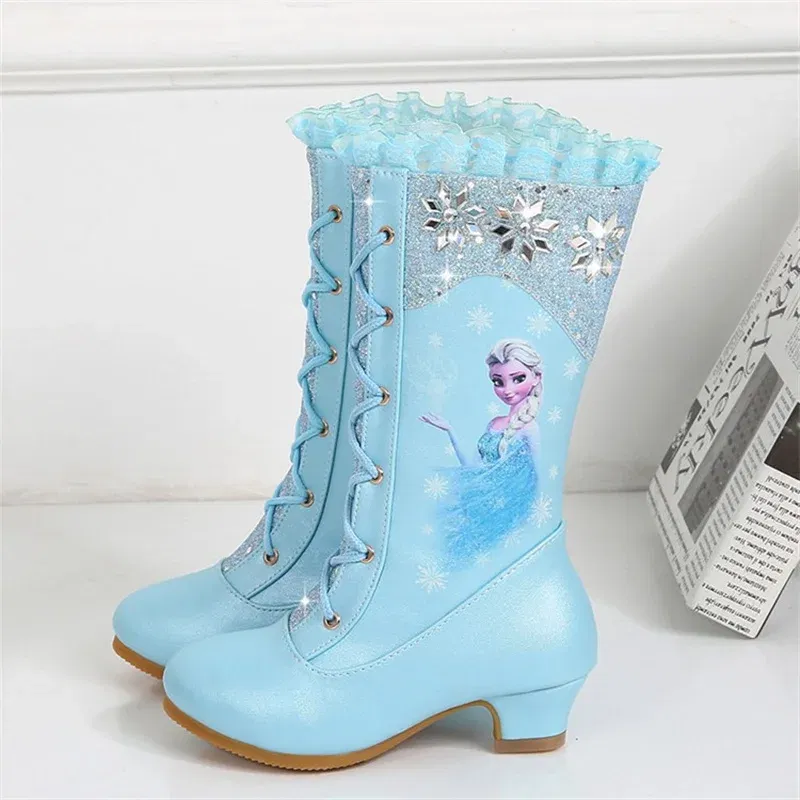 Color: Blue, Shoe Size: 19 - Disney Girls' Leather Boots Winter Frozen Boots Side Zipper High Plush Princess Elsa Boots Warm Children's Boots Size 27-37