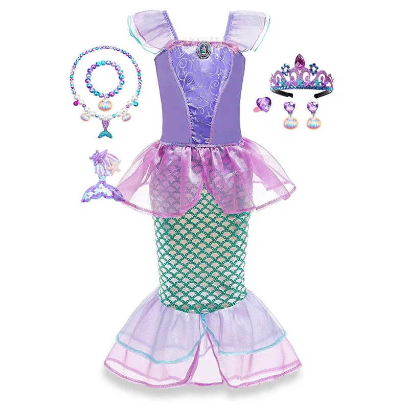 Color: Coffee, Kid Size: 4T - Disney Little Mermaid Ariel Costumes for Girls Princess Dress Cosplay Halloween Carnival Kids Birthday Party Dress Up Clothing