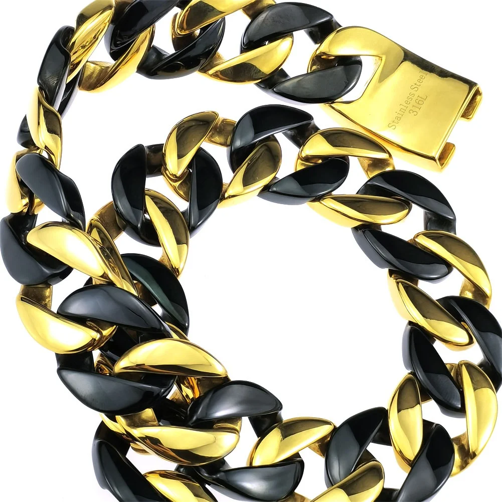 Length: 70cm, Main Stone Color: Blue - 316L Stainless Steel  and Black Tone Curb 24mm Solid Heavy Long Necklace + Bracelet Jewelry