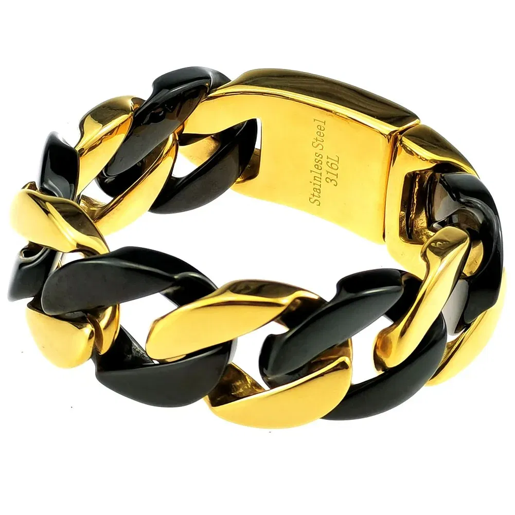 Length: 70cm, Main Stone Color: Blue - 316L Stainless Steel  and Black Tone Curb 24mm Solid Heavy Long Necklace + Bracelet Jewelry