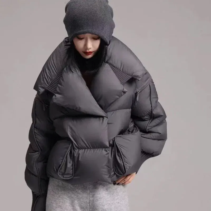 Color: SKY BLUE, Size: M - Overcoat 2025 New Fashion Women Down Jacket Winter White Duck Down High Quality Knitted Patchwork Lapel Women Down Jacket H132