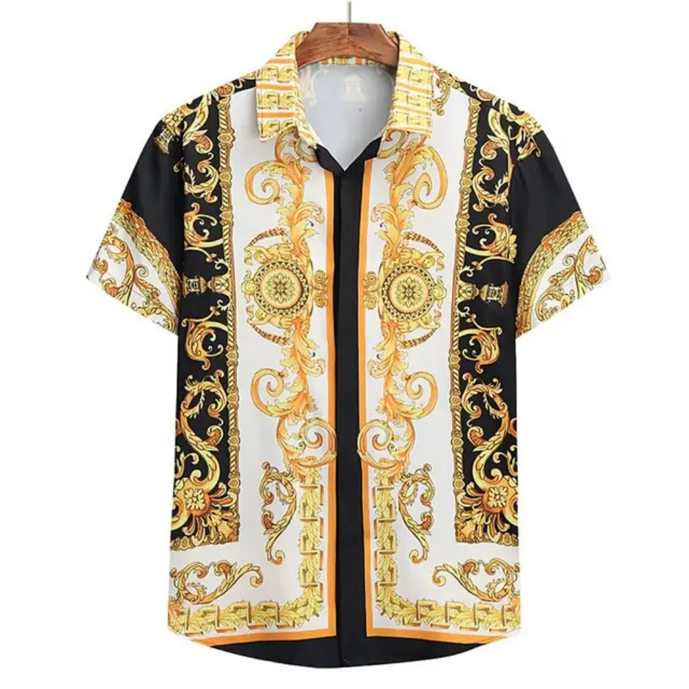 Color: black, Size: 4XL - Summer Fashion Men's Short Sleeve Casual Shirts Luxury Style Gold Printed Tops Everyday Casual Wear Men's Shirts Oversized Tops