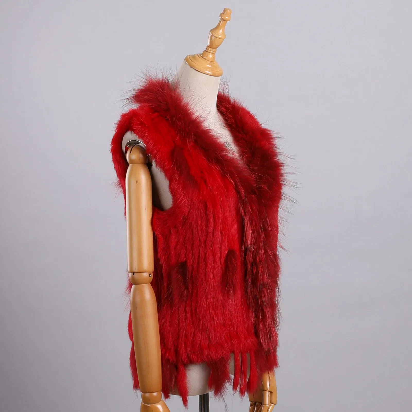 Color: Red, Size: M - Luxury Women's Genuine Premium Long Hair Rabbit Fur Knit Vest Raccoon Fur Trim Gilet Lady Sleeveless Waistcoat Real Fur Jacket