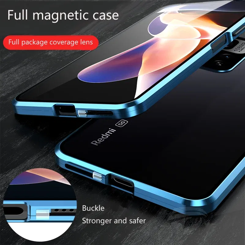 Color: Blue, Bundle: Case & Screen Protector, Material: aluminum - Full Protection Case Metal Magnetic Double Sided Glass Snap Lock Case For XiaoMi Redmi Note 13 Pro Plus 5G Bumper Phone Cover
