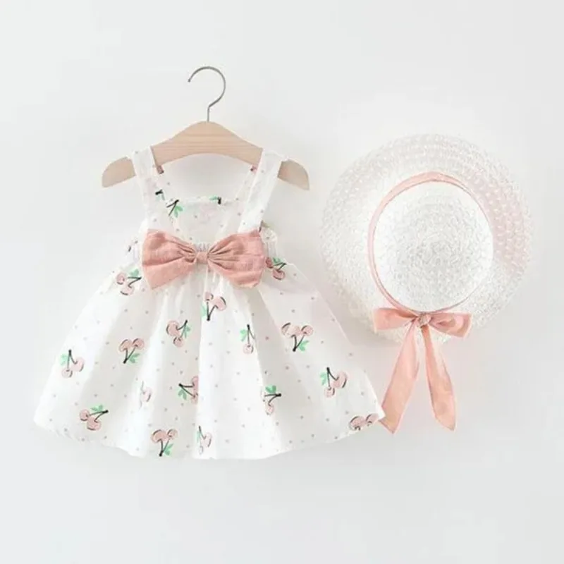 Color: Pink, Kid Size: 4T - 1Pc Kids Girl Summer Sleeveless Dress Cute Print Bow Casual Dress with Straw Hat