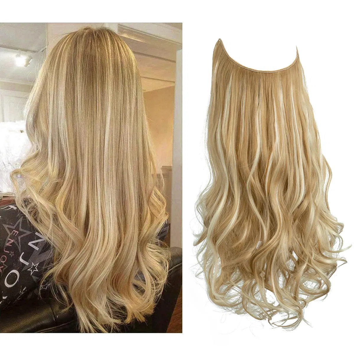 Color: T1/27, Stretched Length: 16inches - Synthetic No Clip Wave Hair Extensions Ombre Natural Black Blonde Pink One Piece False Hairpiece Fish Line Fake Hair Piece