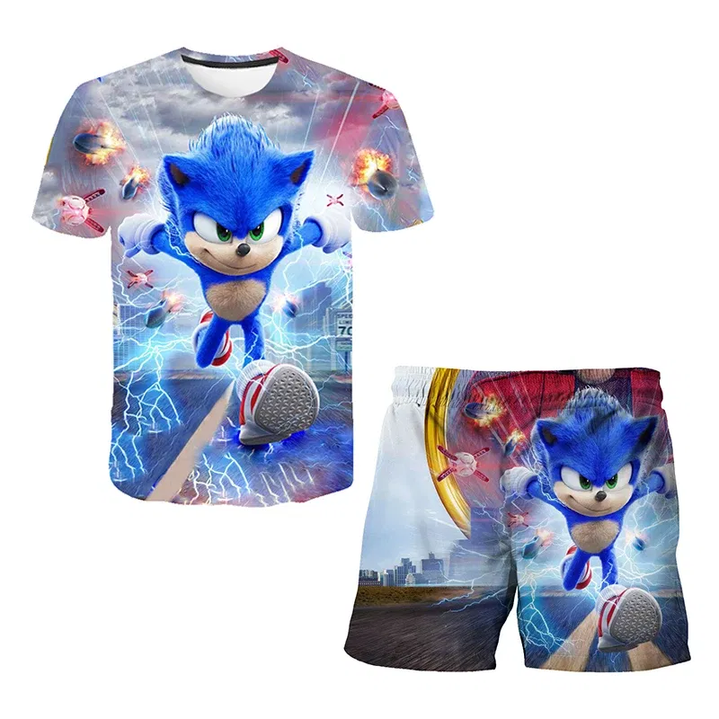 Color: PURPLE, Size: 40cm - New Japanese cartoon Sonic T-shirt children's top T-shirt shorts two-piece set summer boy cartoon cute T-shirt+beach pants