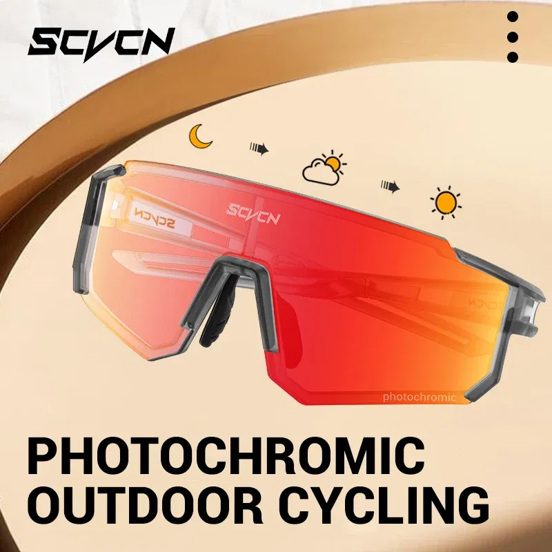 Color Name: Orange - SCVCN Color Photochromic Cycling Glasses Outdoo Fashion Sports Sunglasses Men MTB Cycling Sunglasses Women Road Bike Glasses