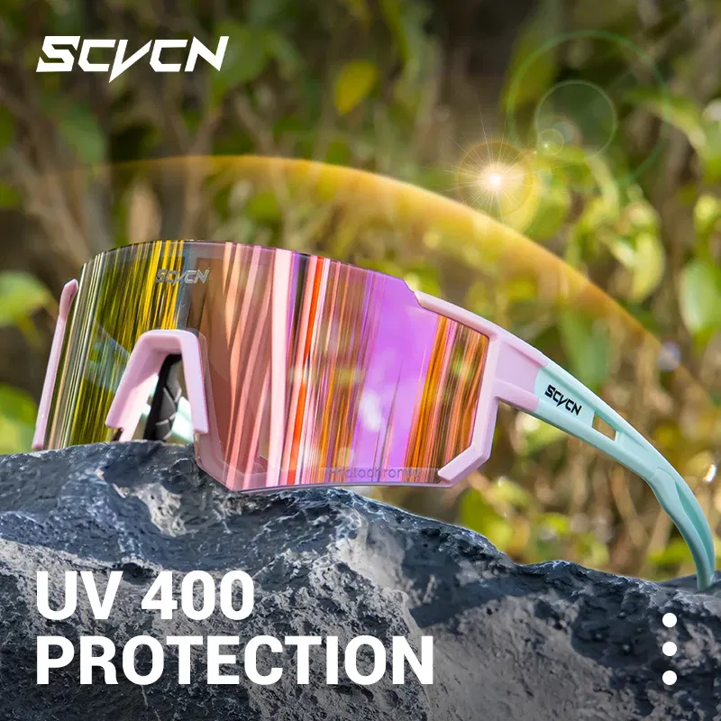 Color Name: Orange - SCVCN Color Photochromic Cycling Glasses Outdoo Fashion Sports Sunglasses Men MTB Cycling Sunglasses Women Road Bike Glasses
