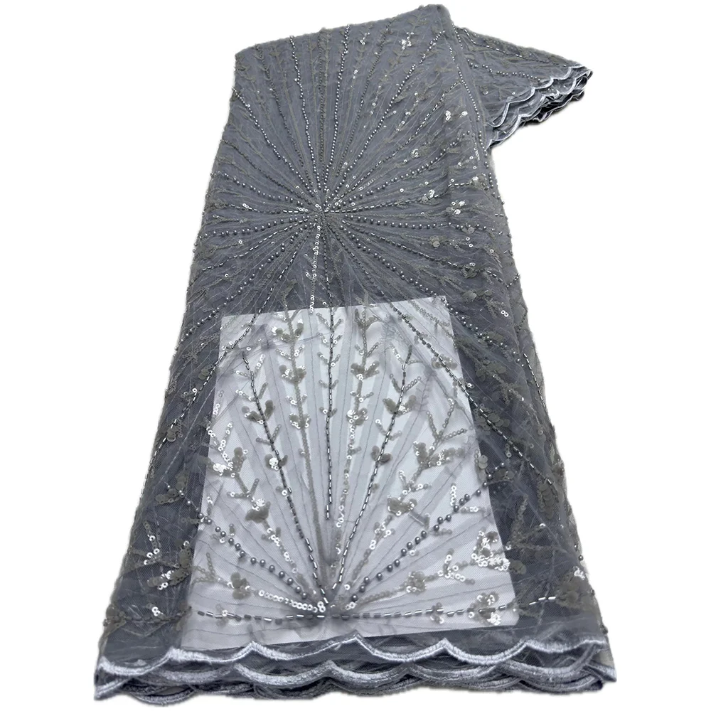 Color: PURPLE, length: 5 yards, Width: 120cm - Wholesale African Sequins Beads Lace Fabric 2024 High Quality Lace Material French Nigerian Lace Fabrics For Women Party