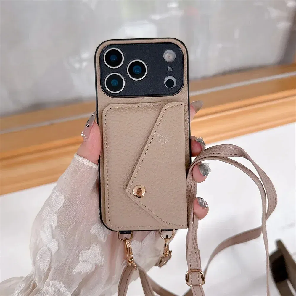 Material: TPU, Color: black - Crossbody wallet card holder phone case For iPhone 17Air 16, 15, 14, 13, 12, 11 Pro Max, XR with lanyard protective cover