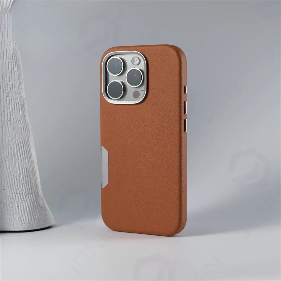 Color: Brown, Material: Vinyl - Aluminium Camera Button For iPhone 16 Pro Max Case Solid Leather Alloy Len Magnetic Wireless Charge Shockproof Cover For Magsafe