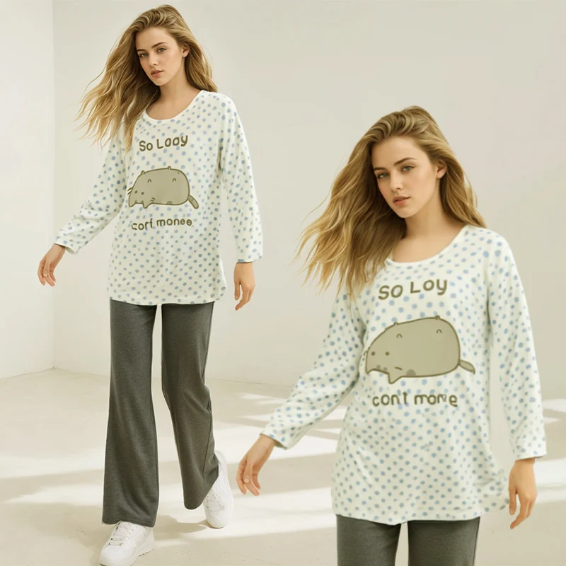 Color: Beige, Size: L - Woman Clothing y2k arcane Cute T-shirts Lazy Cat Print Anime Female Clothing Soft Clothes Loungewear Casual Long-sleeved Tops