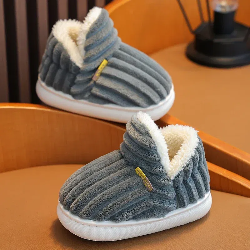 Color: Pink, Shoe Size: 1.5 - New Winter Concise Stripe Plush Slippers Children's Non-slip Soft Sole Kids Boys Girls Heel Wrap Warm High Home Cotton Shoes