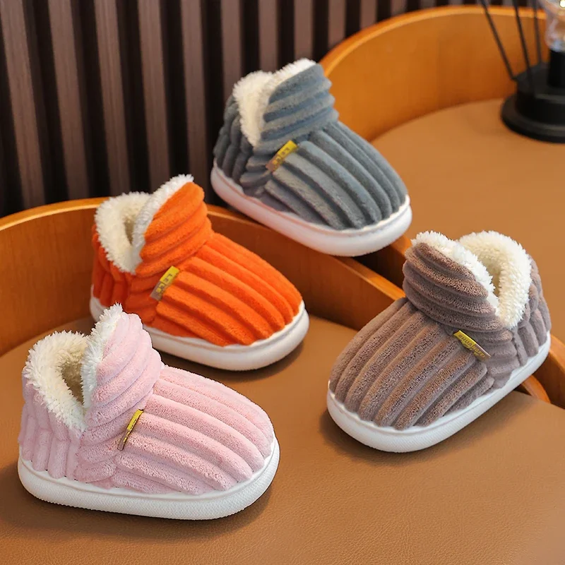 Color: Pink, Shoe Size: 1.5 - New Winter Concise Stripe Plush Slippers Children's Non-slip Soft Sole Kids Boys Girls Heel Wrap Warm High Home Cotton Shoes
