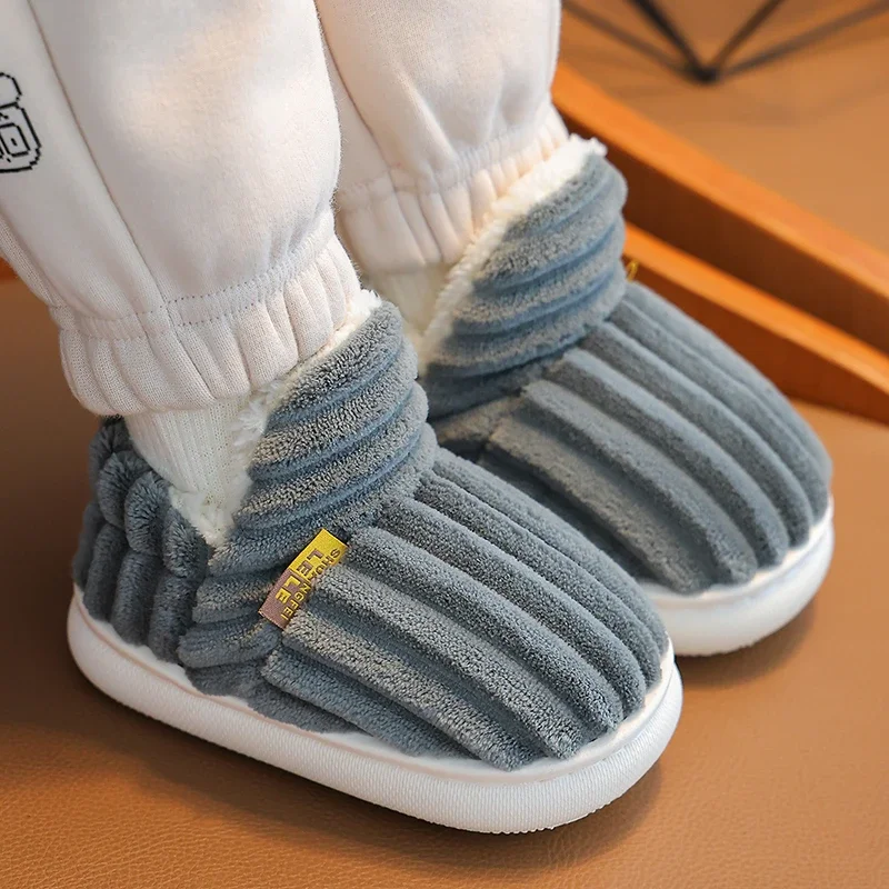Color: Pink, Shoe Size: 1.5 - New Winter Concise Stripe Plush Slippers Children's Non-slip Soft Sole Kids Boys Girls Heel Wrap Warm High Home Cotton Shoes