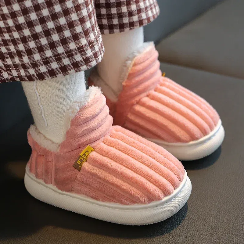 Color: Pink, Shoe Size: 1.5 - New Winter Concise Stripe Plush Slippers Children's Non-slip Soft Sole Kids Boys Girls Heel Wrap Warm High Home Cotton Shoes