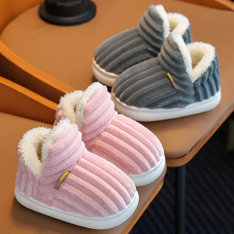 Color: Pink, Shoe Size: 1.5 - New Winter Concise Stripe Plush Slippers Children's Non-slip Soft Sole Kids Boys Girls Heel Wrap Warm High Home Cotton Shoes