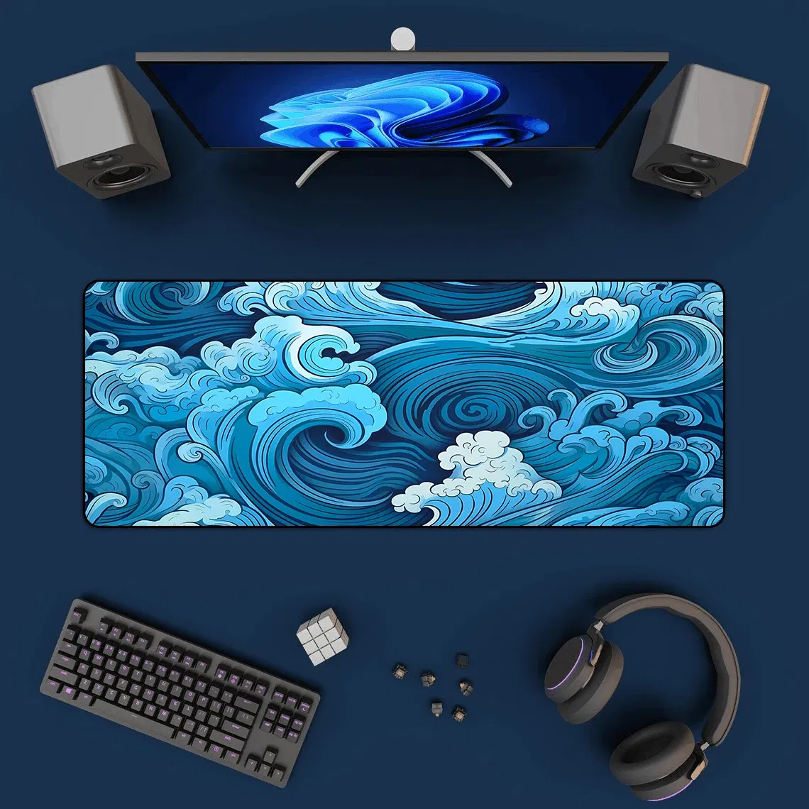 Color: BROWN - Aesthetic Desk Mat Art Japanese Great Waves XXL Gaming Mouse Pad Blue Mousepad 900x400 Beautiful Nature Rubber Desk Pad Mat