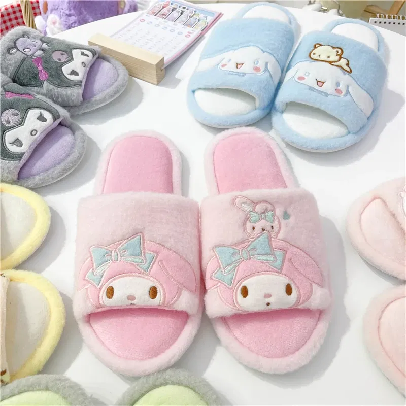 Color: Peacock Green, Shoe Size: 36 - Japanese Anime Slippers Cartoon Open Toe Sweet Girly Indoor Home Plush Shoes Flat Non-slip Casual Girl Spring Autumn Kawaii