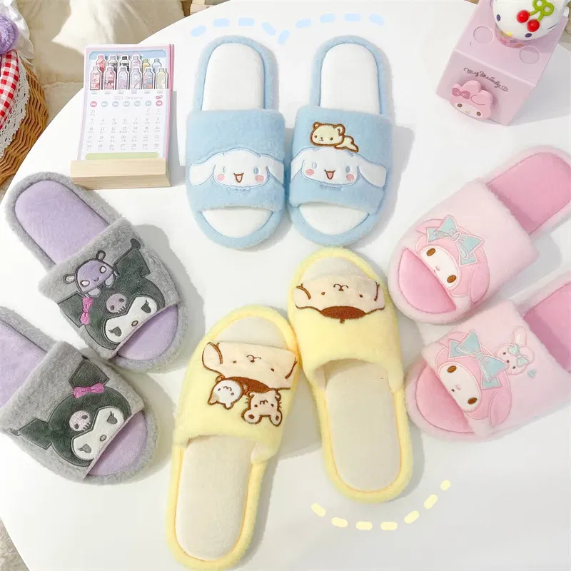 Color: Peacock Green, Shoe Size: 36 - Japanese Anime Slippers Cartoon Open Toe Sweet Girly Indoor Home Plush Shoes Flat Non-slip Casual Girl Spring Autumn Kawaii