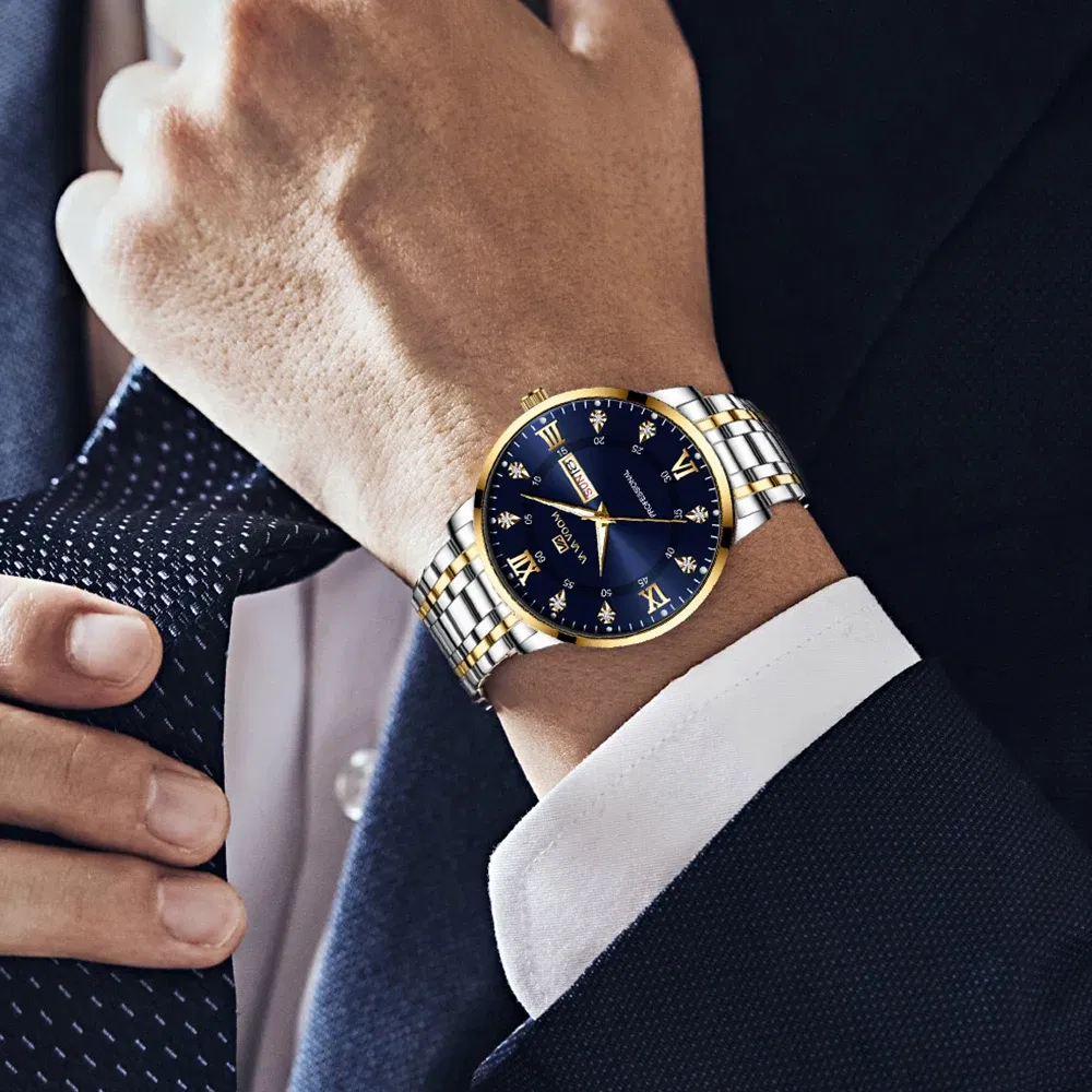 Color: Rose - Top Brand Men Watch Stainless Steel Top Quailty Luxury Push Button Hidden Clasp Waterproof Luminous Date Week Sport Wrist Watch