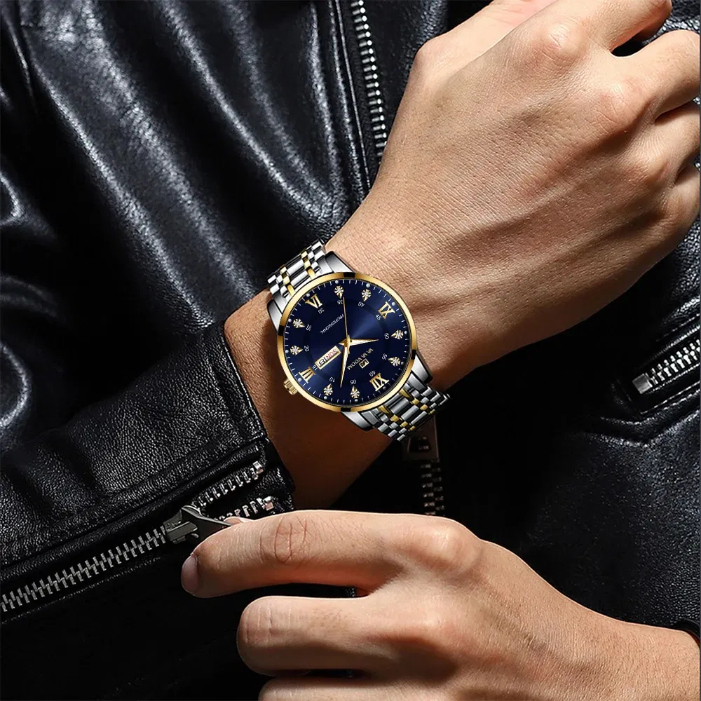 Color: Rose - Top Brand Men Watch Stainless Steel Top Quailty Luxury Push Button Hidden Clasp Waterproof Luminous Date Week Sport Wrist Watch