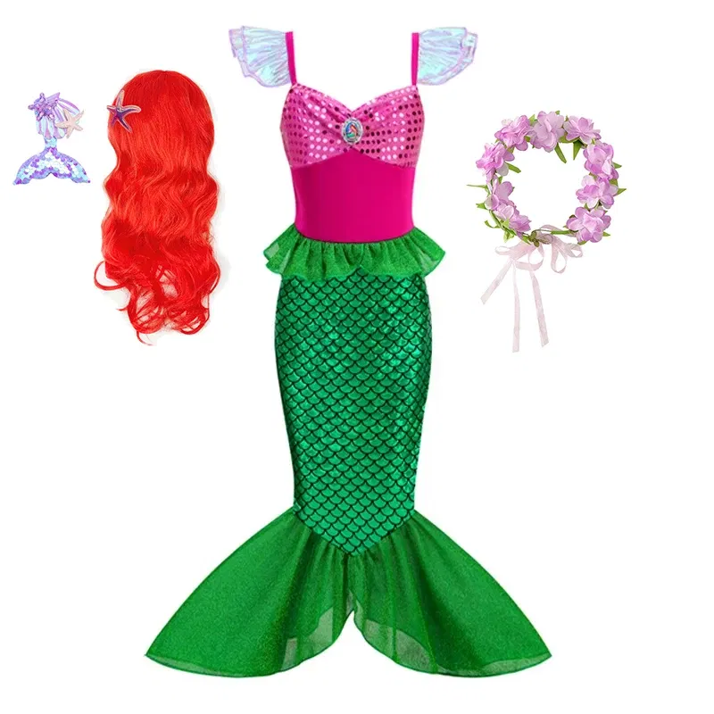 Color: Khaki, Kid Size: 12 - Disney Little Mermaid Ariel Costumes for Girls Princess Dress Cosplay Halloween Carnival Kids Birthday Party Dress Up Clothing
