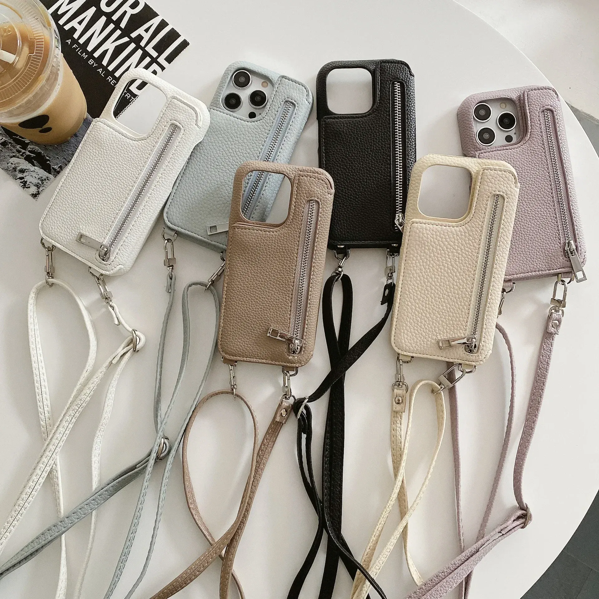 Material: PU, Color: Brown - Zipper Wallet Makeup Mirror Crossbody Lanyard Case For iPhone 16 15 14 Pro Max 13 12 11 XR XS 7 8 Plus Card Slot Leather Cover