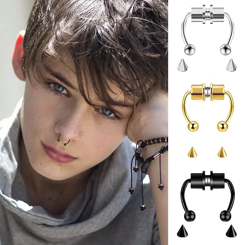 Metal color: RED - Women Fake Piercing Nose Ring Hoop Septum Non Piercing Nose Clip Rock HipHoop Stainless Steel Magnet Fashion Punk Body Jewelry