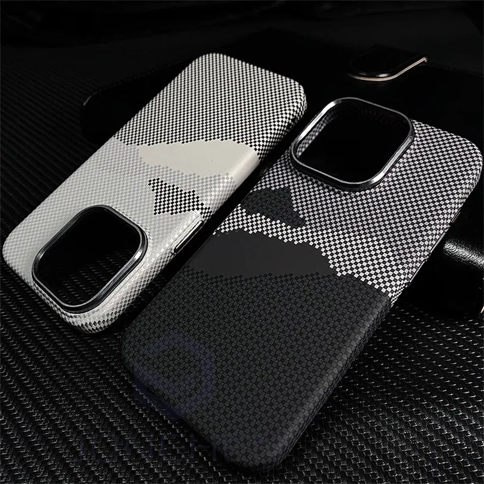 Color: Gold, Material: Denim - Luxury Alloy Lens 3D Relief Peak Carbon Fibre Pattern Case For iPhone 13 14 15 16 Pro Max Slim Shockproof PC Cover For Magsafe