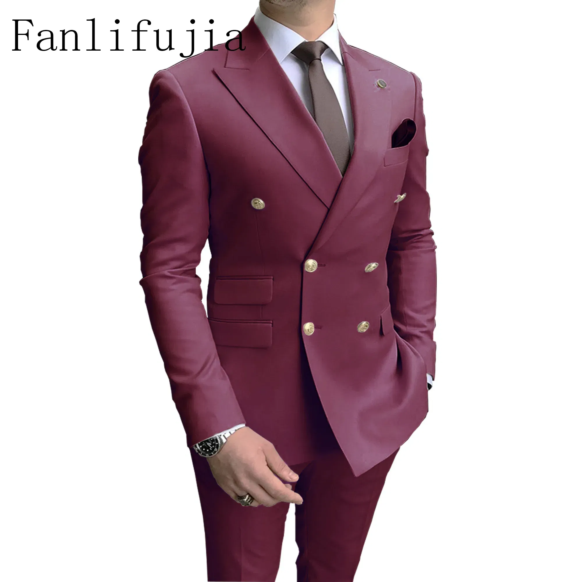 Color: Burgundy, Size: S - Fanlifujia Store 2024 Casual Sky Blue Men Suits Double Brested Peak Lapel  Gold Button Groom Wedding Tuxedos Best Costume Homme
