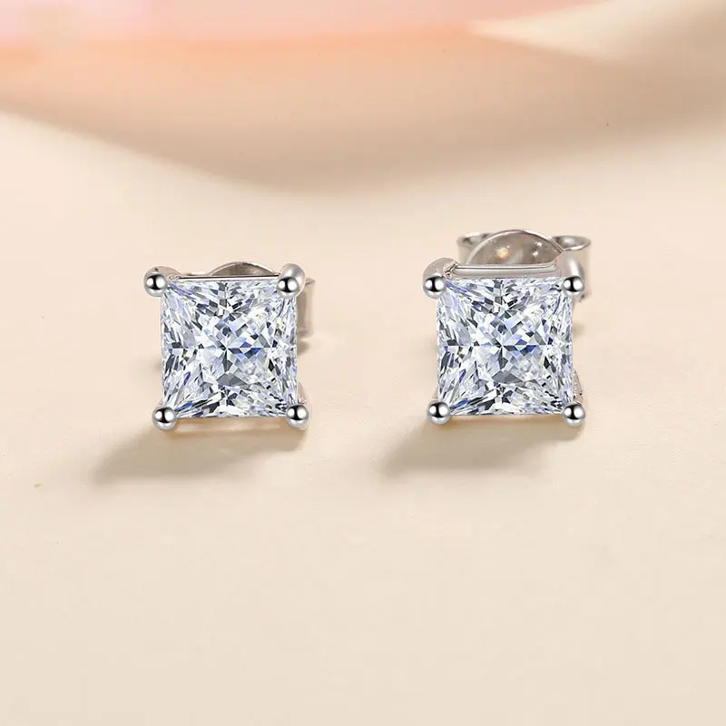 Metal Color: Gold-color - KNOBSPIN D Color Princess Cut Moissanite Earring s925 Sterling Sliver Plated with 18k White Gold Earrings for Women Fine Jewelry