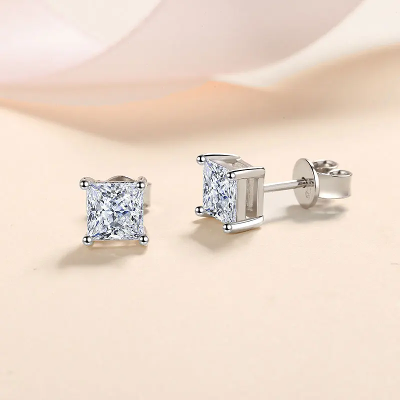 Metal Color: Gold-color - KNOBSPIN D Color Princess Cut Moissanite Earring s925 Sterling Sliver Plated with 18k White Gold Earrings for Women Fine Jewelry