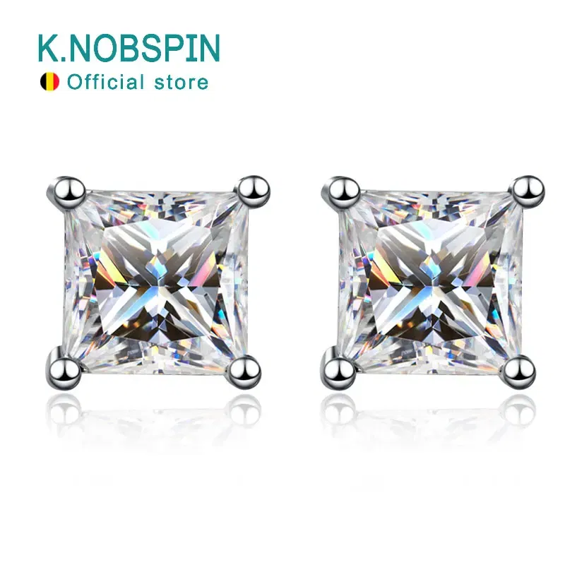 Metal Color: Gold-color - KNOBSPIN D Color Princess Cut Moissanite Earring s925 Sterling Sliver Plated with 18k White Gold Earrings for Women Fine Jewelry