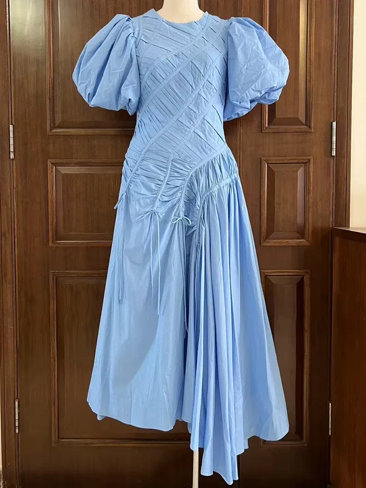 Color: Blue, Size: S - 2025 summer women's new round neck lantern short sleeve irregular stitching drawstring dress slim dinner temperament long dress