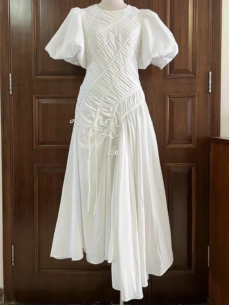 Color: Blue, Size: S - 2025 summer women's new round neck lantern short sleeve irregular stitching drawstring dress slim dinner temperament long dress
