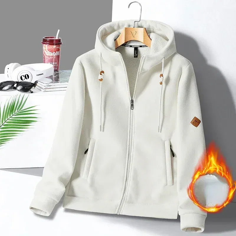 Color: Beige, Size: XXL - Winter Warm Cashmere Jacket Mens High-end Ski Fleece Iined Thickened Hoodie Coat Casual Womens Outdoor Camping Cold-proof Jacket
