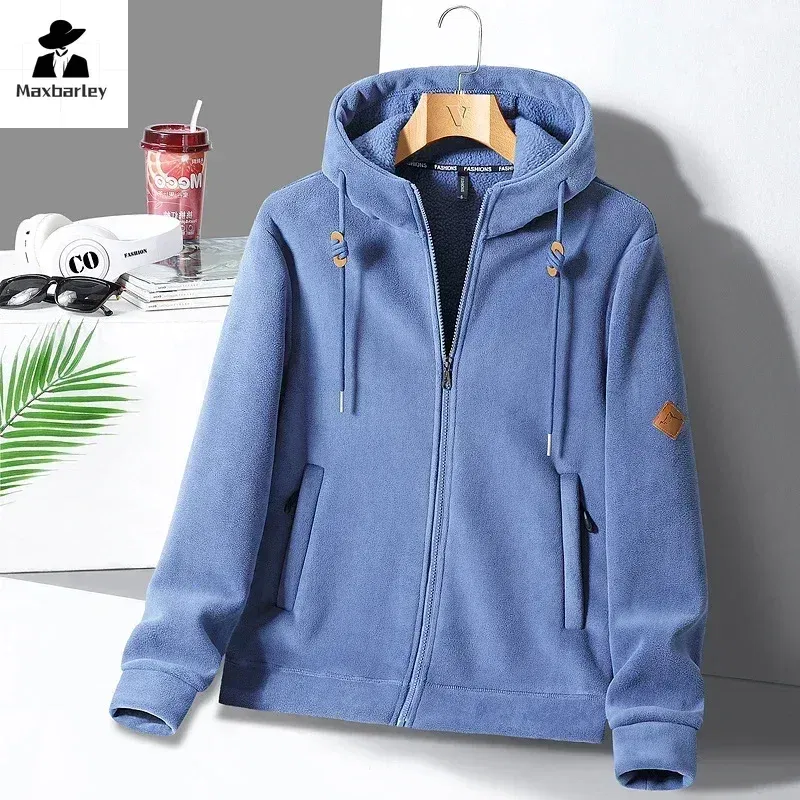 Color: Beige, Size: XXL - Winter Warm Cashmere Jacket Mens High-end Ski Fleece Iined Thickened Hoodie Coat Casual Womens Outdoor Camping Cold-proof Jacket